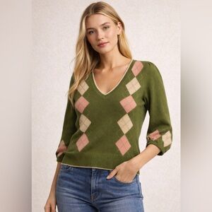 Juicy Couture 100% Cashmere Green Argyle V-Neck Sweater